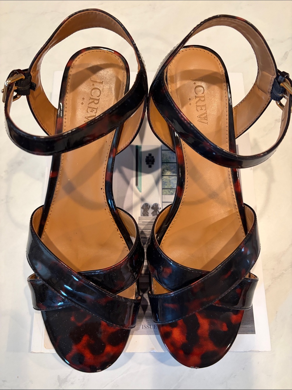 J. Crew Tortoiseshell Patent Leather Ankle-Strap Sandals - Brown/Black